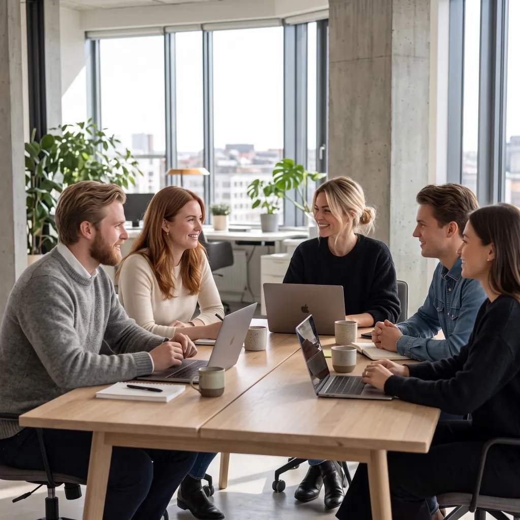 Fem personer i ett möte. Kort för mognad, organisation, affärsmodell, efterfrågan och marknad dyker upp över bilden.